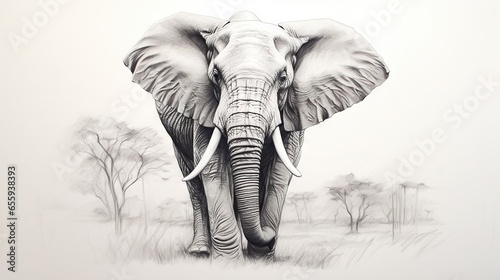 a drawing of an elephant in a field with trees in the background.  generative ai