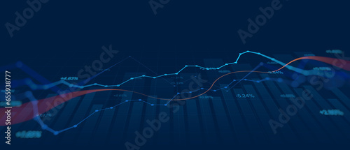 Widescreen Abstract financial graph with uptrend line and bar chart of stock market on blue color background