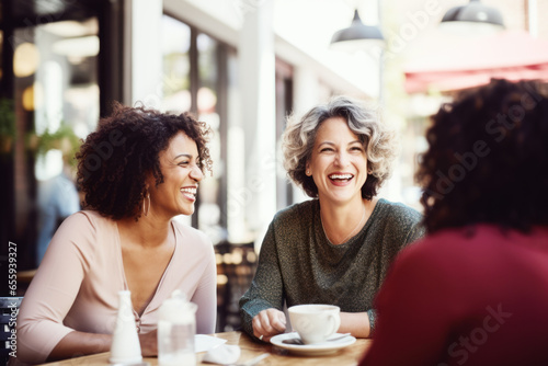 Happy smiling middle aged female friends sitting in a café laughing and talking during a lunch break