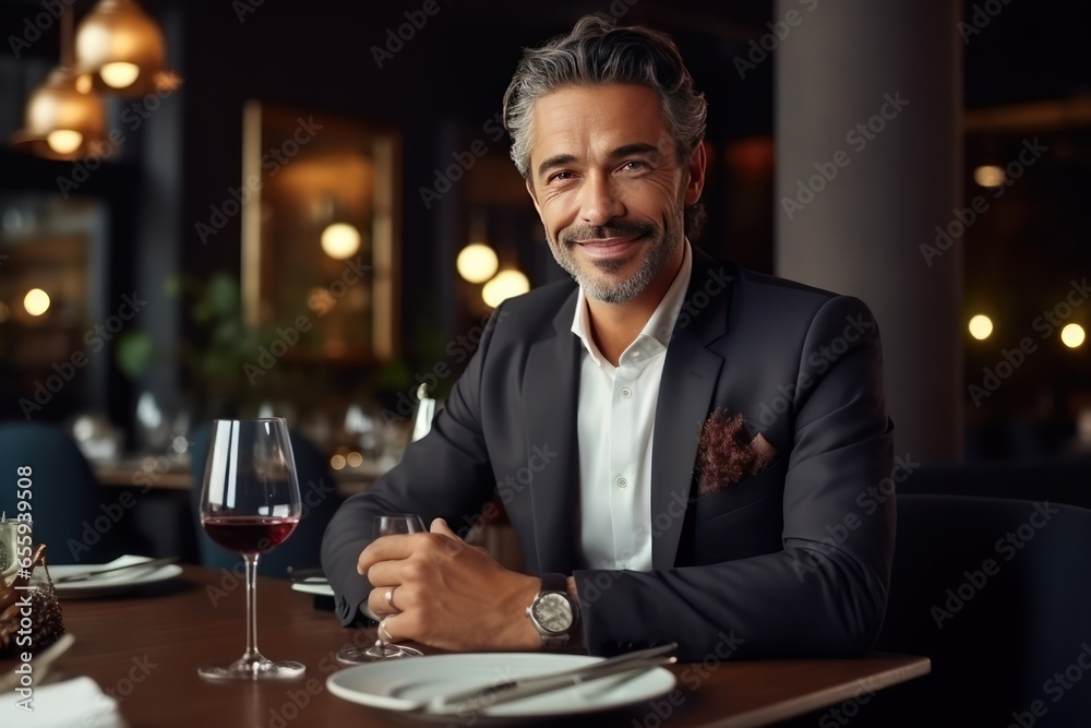 Date. Photo of a handsome smiling middle aged Caucasian man on date in an expensive restaurant looking at you. A romantic moment at a restaurant.