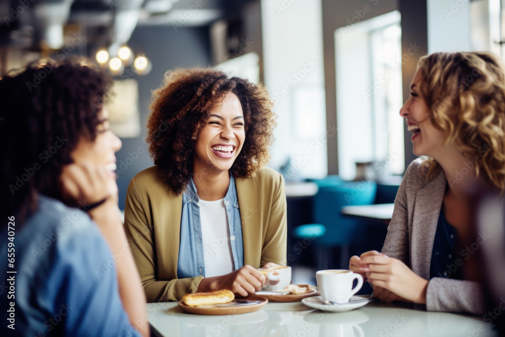 Happy smiling female friends sitting in a café laughing and talking during a lunch break