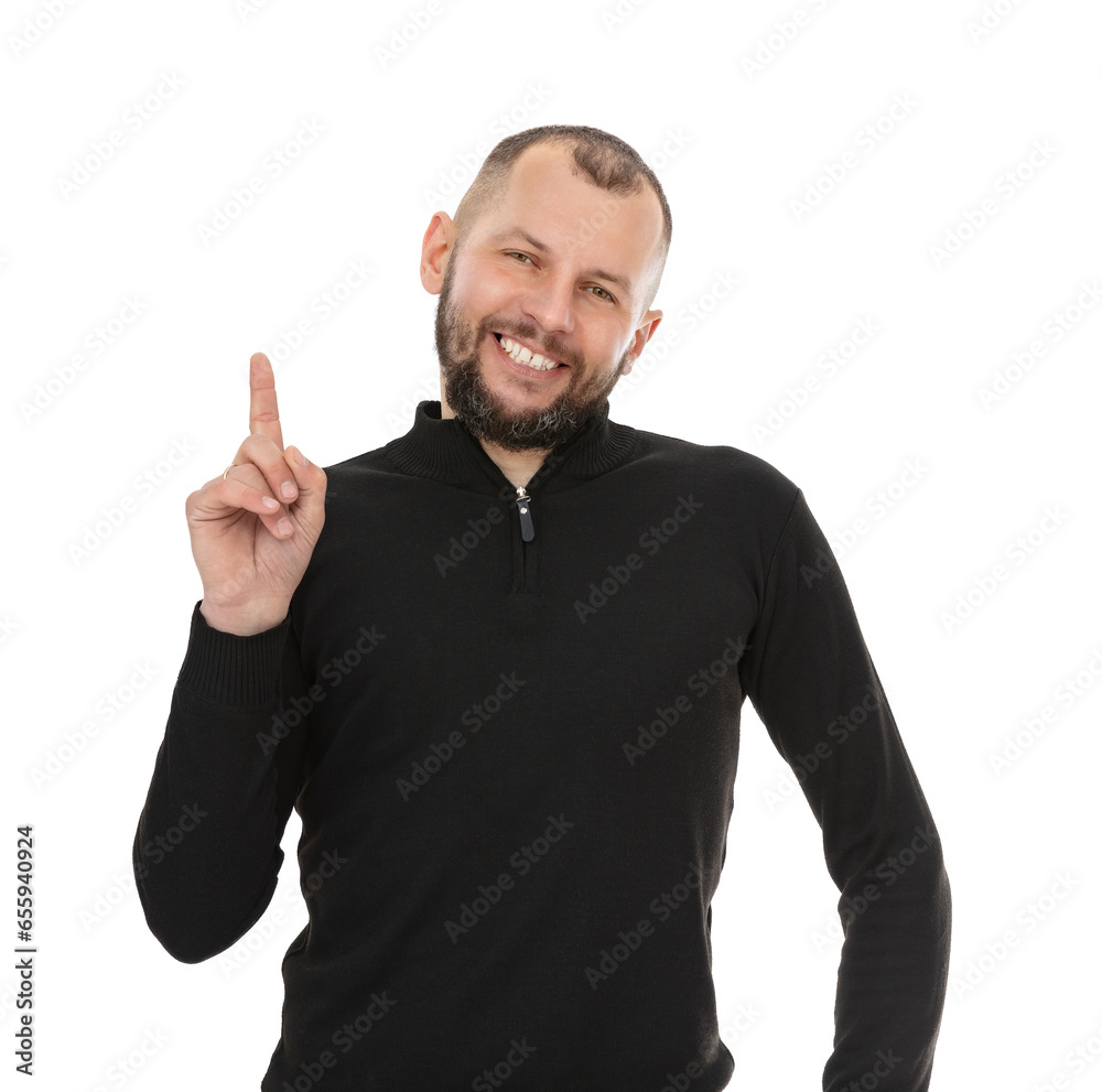 Portrait of thirty year old man raising fore finger up saying no while smiling confident and happy, isolated on white background. Bearde caucasian man in blackturtleneck smiling and posing in studio. Portrait of thirty year old man raising fore finger up saying no while smiling confident and happy, isolated on white background. Bearde caucasian man in blackturtleneck smiling and posing in studio.