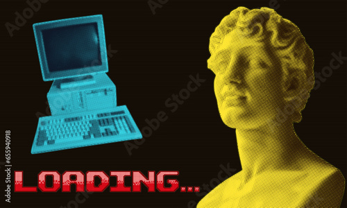 loading retro computer concept template with vintage pc from the 90s and sculpture in vector grunge halftone collage element set on dark background