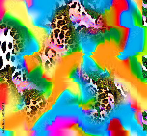 background with handscombination of colorful  leopard snake tiger textures textile collage pattern 