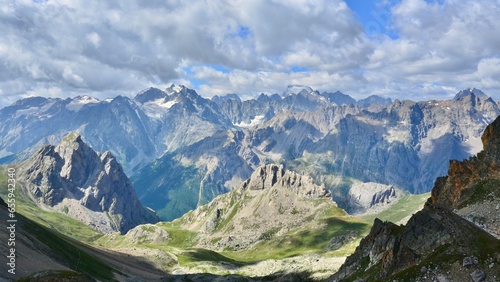 View of the peaks of the Parc National des Ecrins from the col des B  raudes in the French Alps