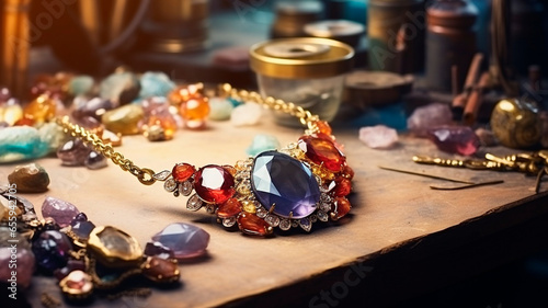 Realistic photo Jewelry making: Creation and sale of handmade jewelry made of precious and semi-precious stones. Generative AI
