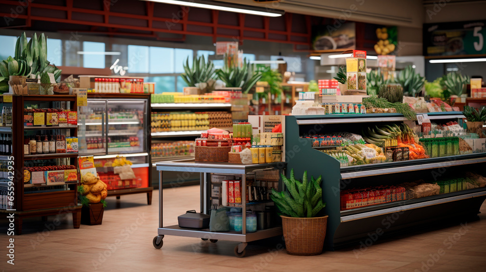 Realistic photo, Local Grocery Stores: This business involves selling locally produced food, beverages, and other goods. Generative AI
