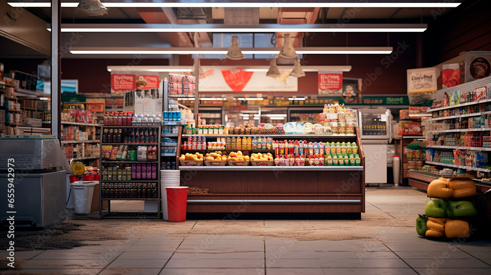 Realistic photo, Local Grocery Stores: This business involves selling locally produced food, beverages, and other goods. Generative AI