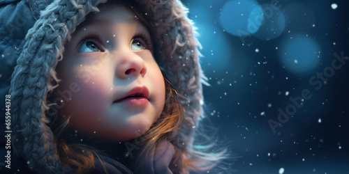 toddler bundled up in winter clothes, curiously watching falling snowflakes