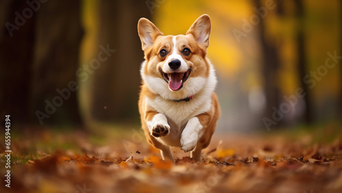 Smiling Welsh Corgi running in the park