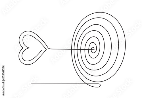 Continuous line drawing of arrow with heart  in center of target darts. Template for your design works. Vector illustration.
