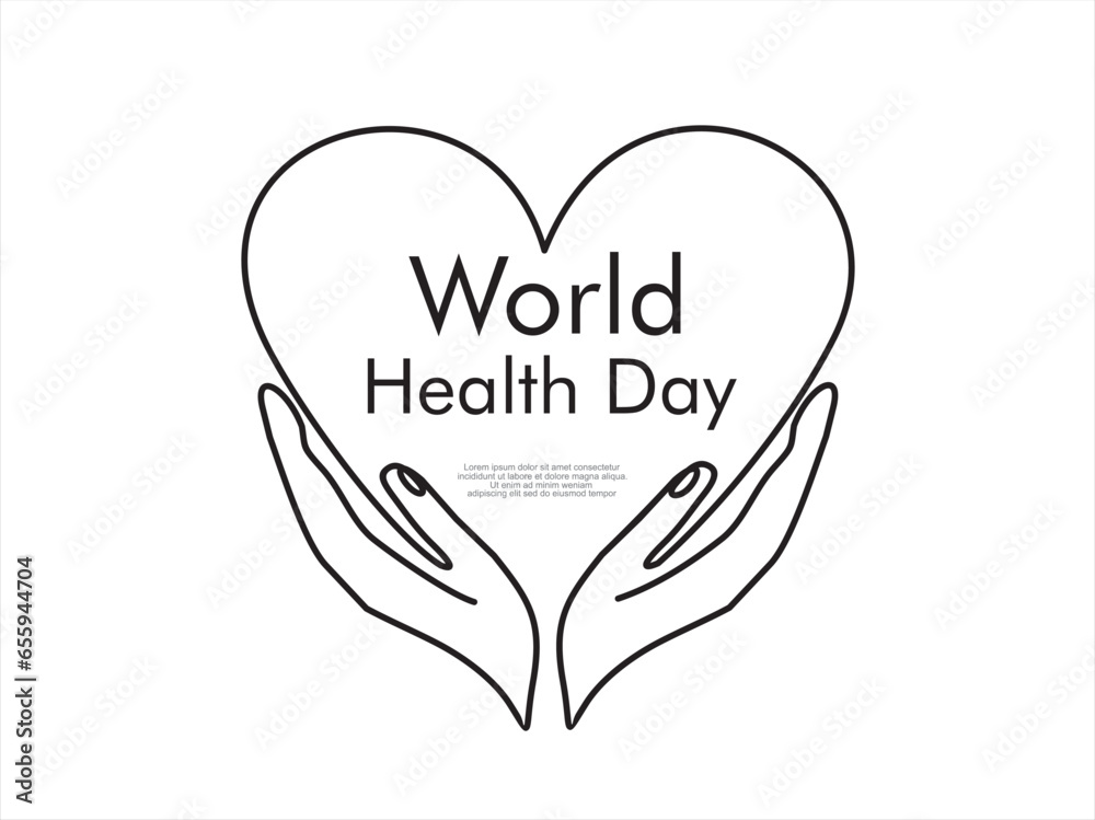 World health day. Continuous one line drawing of heart and hands on ...