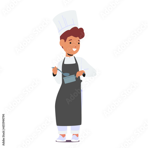 Young, Aspiring Chef Boy Character In Apron And Toque, Joyfully Exploring The Culinary World, Mixing Ingredients