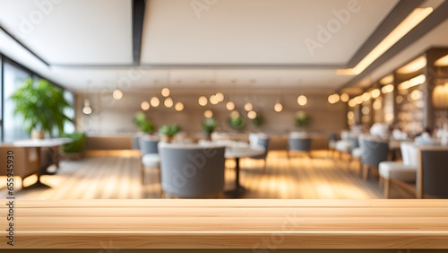 wood table on blurred restaurant bench background