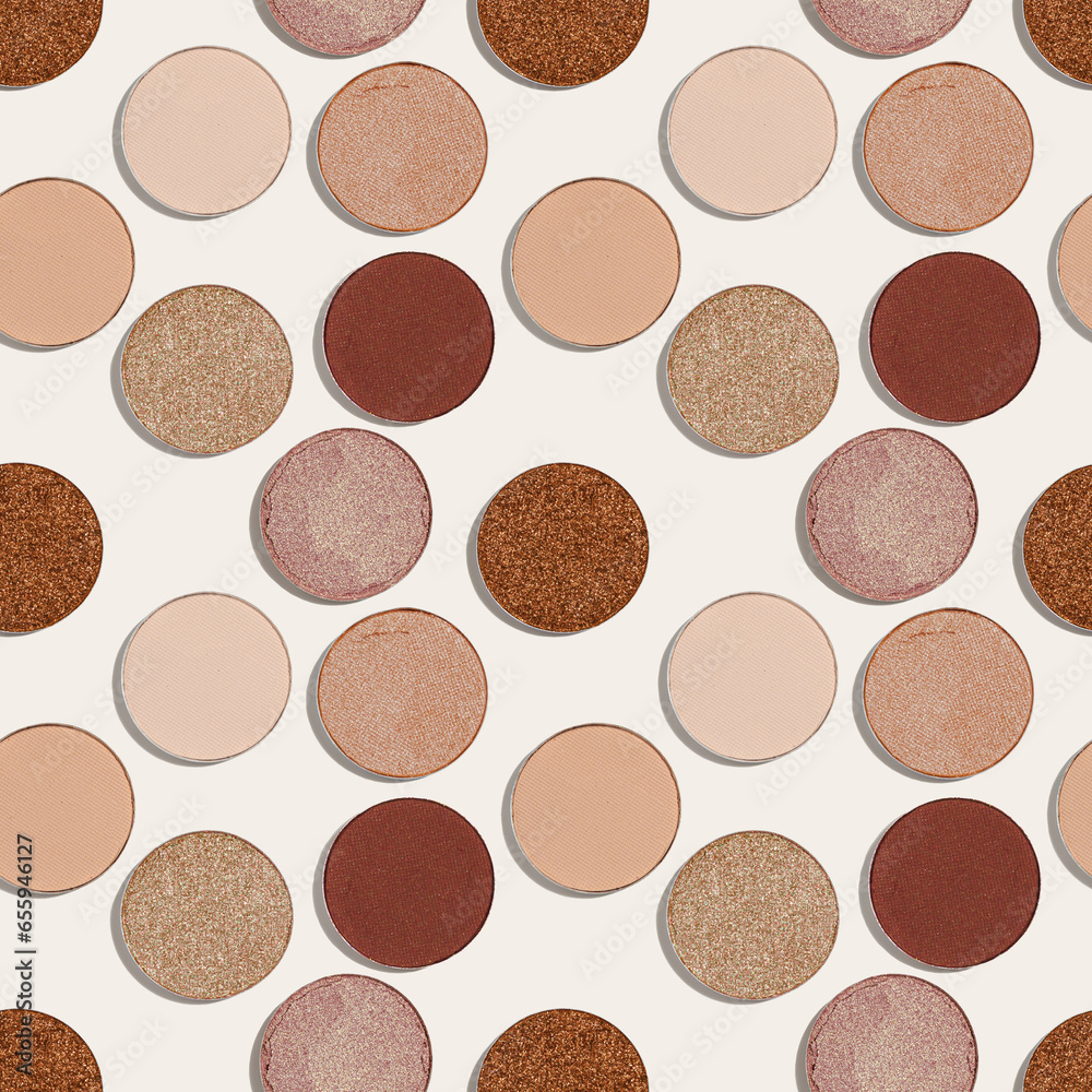 Pattern with refill eye shadow natural color on white background. Makeup palette eyeshadows powder, shine and matte, seamless minimal print aesthetic, beige brown color gradient, top view, flatly Pattern with refill eye shadow natural color on white background. Makeup palette eyeshadows powder, shine and matte, seamless minimal print aesthetic, beige brown color gradient, top view, flatly