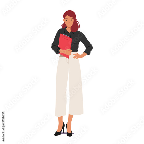 Confident Businesswoman Character Stands Tall, Wearing A Warm Smile, And Holds A Clipboard In Her Hands