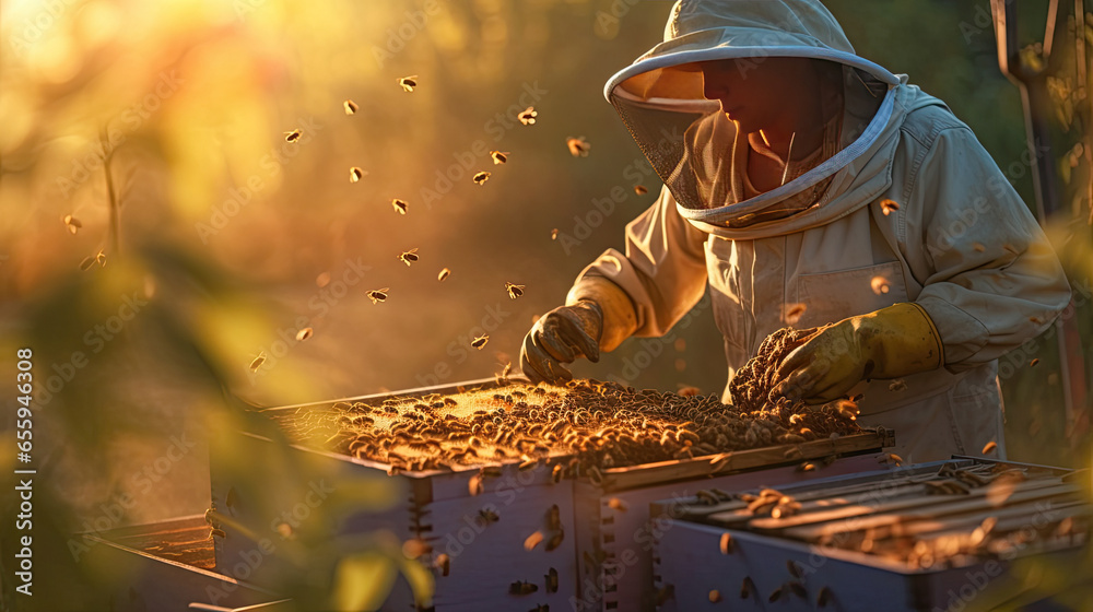 a Beekeeper is working with bees in apiary. Generative Ai