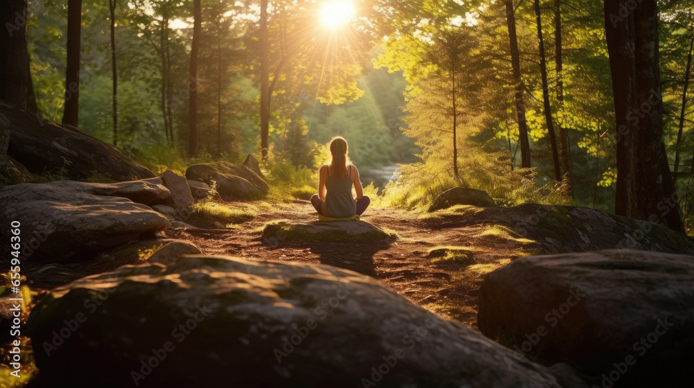 a Woman meditate on a rock in the forest. Generative Ai a Woman meditate on a rock in the forest. Generative Ai