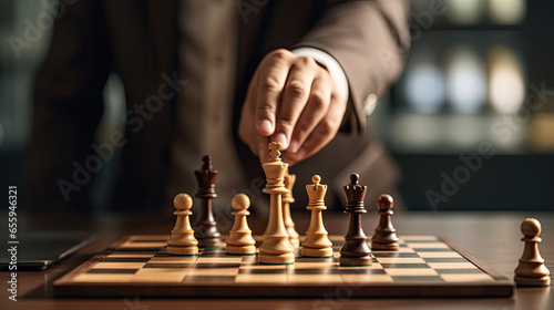 A businessman moving chess piece on chess board game. Marketing planning concept. Generative Ai