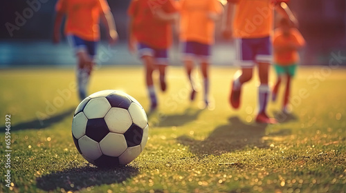 Group of young children players match on soccer field. Kids soccer football. Generative Ai