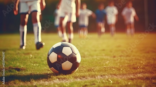 Group of young children players match on soccer field. Kids soccer football. Generative Ai