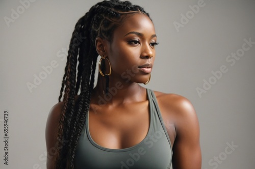 Black female athlete in sportswear. Athletic sportswoman in confident side pose, again gray background 