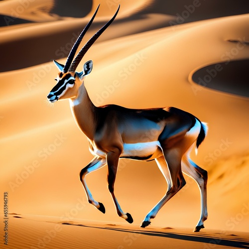 a graceful gazelle, bounding gracefully on a tranquil desert, under the warm embrace of a sandy landscape | impala in the desert photo