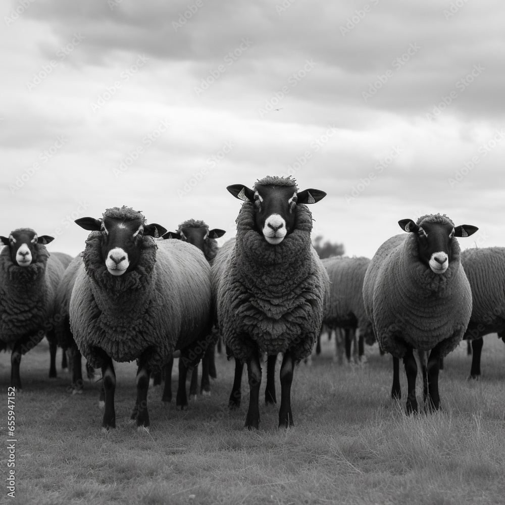 Obraz premium A flock of sheep in a pen in black and white style. AI Generated
