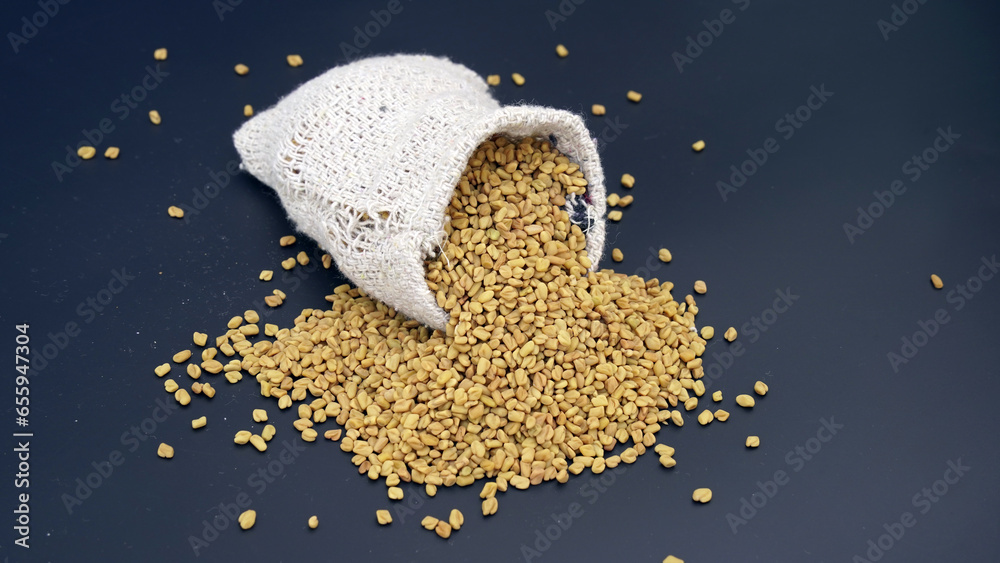 Dried fenugreek seeds or Methi Dana. hulba, heyseed, dari, blood sugar treatment - obrazy, fototapety, plakaty 