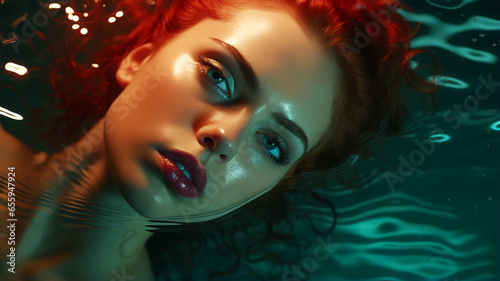 Woman with face out of water, pool concept photo. Magazine cover photo, cosmetics photo, beauty industry advertising photo.
