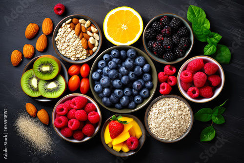 Flat Lay Of Colorful Healthy Fruit And Nut Bowls On A Black Table. Ai Generated
 photo