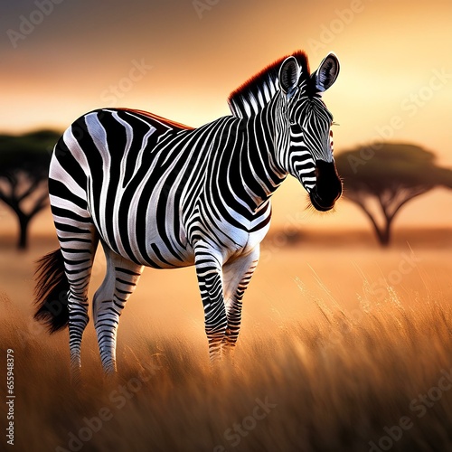 a noble zebra  grazing peacefully on a safari grassland  under the gentle breeze of an African dawn   zebra at sunset