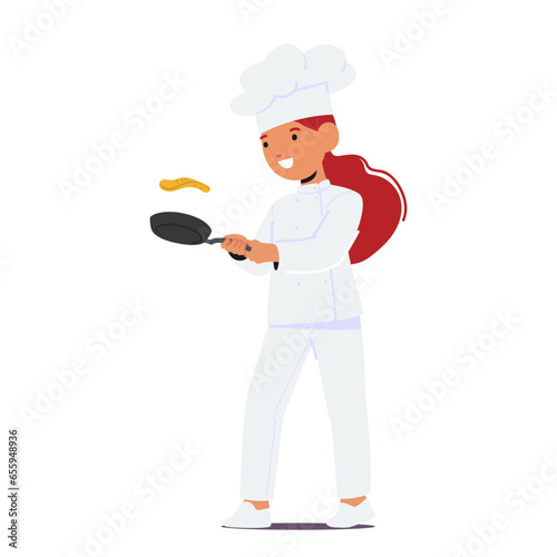 Young Chef Girl Character With A Gleeful Grin, Expertly Flips Pancakes In A Sizzling Pan, Creating Perfection