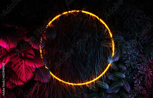 Plant wall and circle neon light template. 3d rendering of circle neon light with tropical leaves. Flat lay of minimal nature style concept. Party, christmas, shopping, event, tropical background.