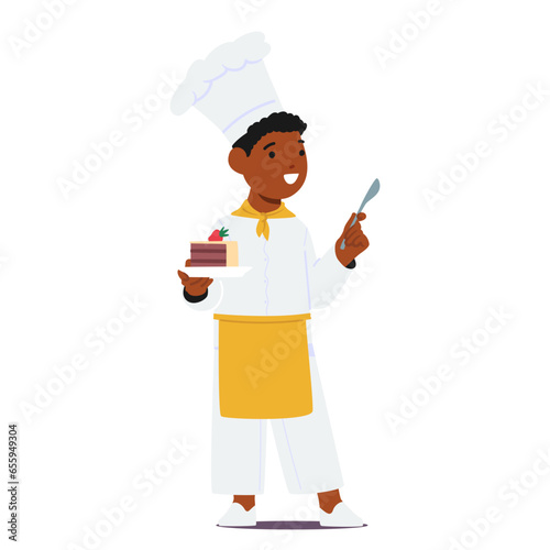 Young Boy Character Wearing Chef Uniform Proudly Holds A Cake On A Plate, His Face Beaming With Excitement