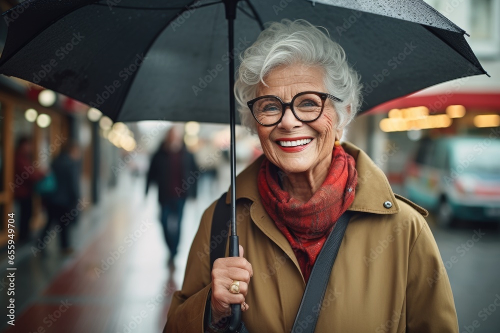 senior old woman. winter rainy day concept - obrazy, fototapety, plakaty 