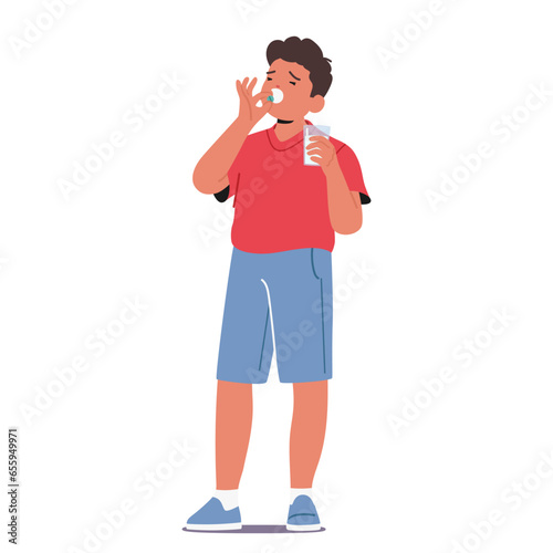 Young Boy Diligently Takes His Prescribed Pill, Showing Responsibility And Commitment To His Health, Vector Illustration