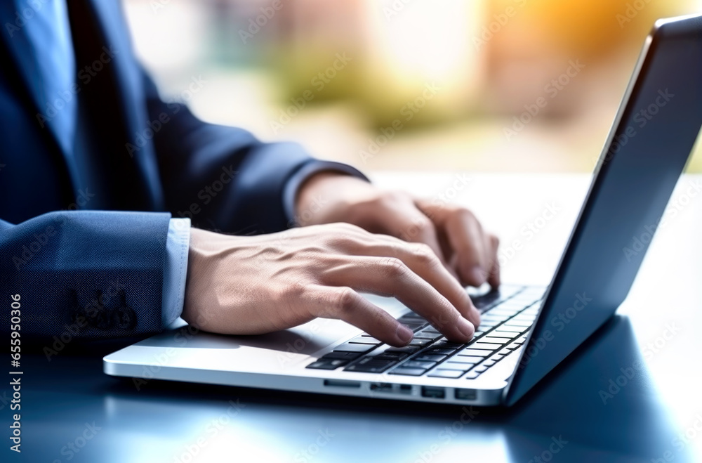 Close up of man hands typing text on laptop keyboard sitting at wooden table. Made with AI generation Close up of man hands typing text on laptop keyboard sitting at wooden table. Made with AI generation