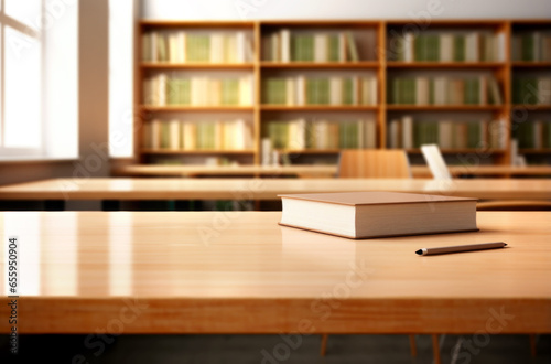 Wooden desk with library room with blur background, copy space for your text. Made with AI generation