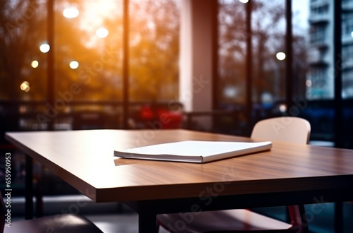 Wooden desk with library room with blur background, copy space for your text. Made with AI generation