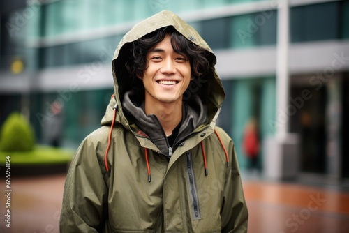 asian young man winter rainy day concept