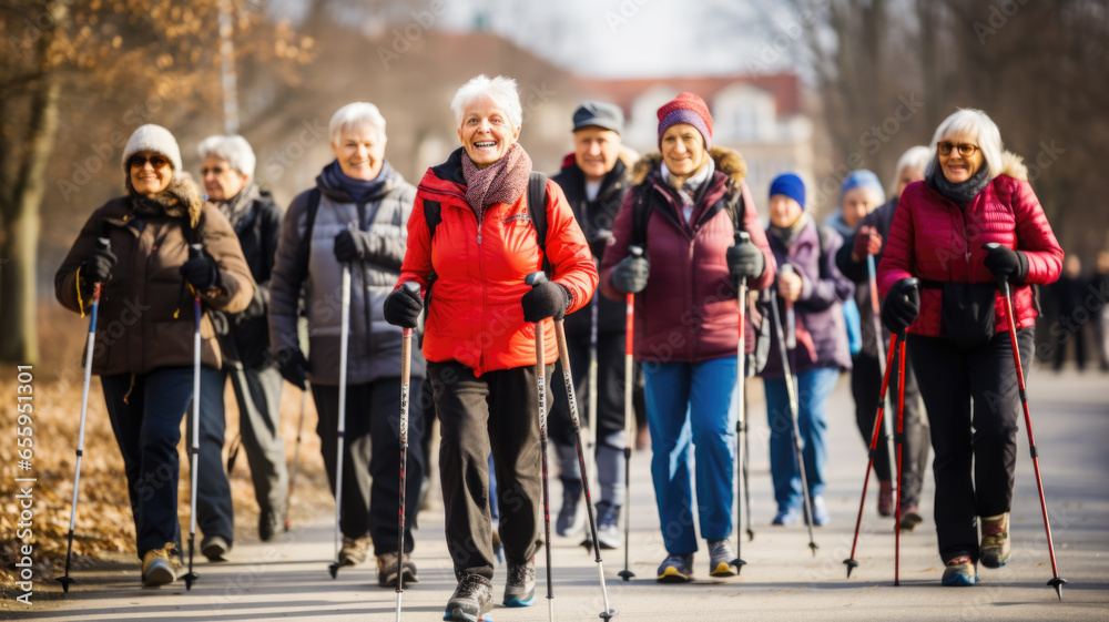 Older people doing Nordic walking exercises. Made with AI generation Older people doing Nordic walking exercises. Made with AI generation