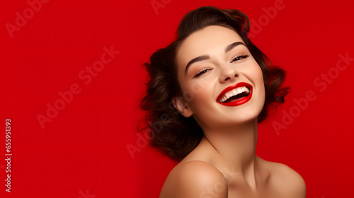 Woman smiling happily on red background, Generative Ai