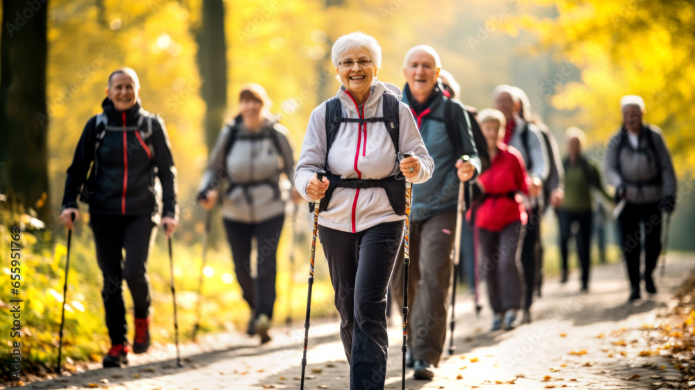 Older people doing Nordic walking exercises. Made with AI generation - obrazy, fototapety, plakaty 
