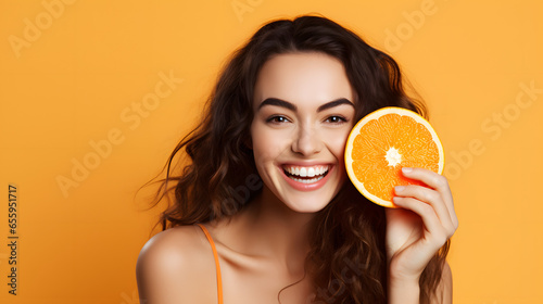 Happy smiling woman holding orange on orange background, Generative Ai photo