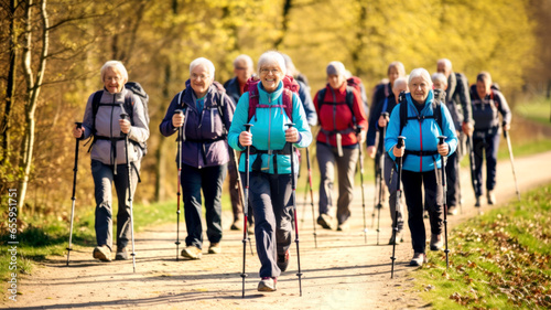 Older people doing Nordic walking exercises. Made with AI generation