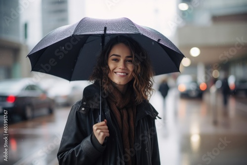 pretty caucasian woman. winter rainy day concept