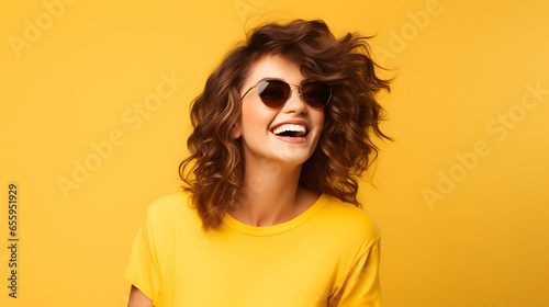 Happy smiling woman in sunglasses on yellow background, Generative Ai