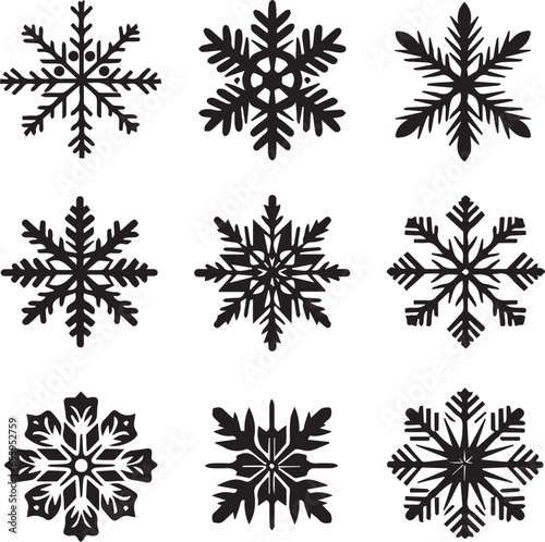 Snowflake silhouettes. Set of black snowflake silhouettes. Snowflake brush isolated. Complex cartoon snowflake silhouette isolated. Winter time vector