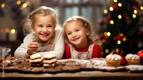 Two little girl baking Christmas cookies at home. Made with AI generation